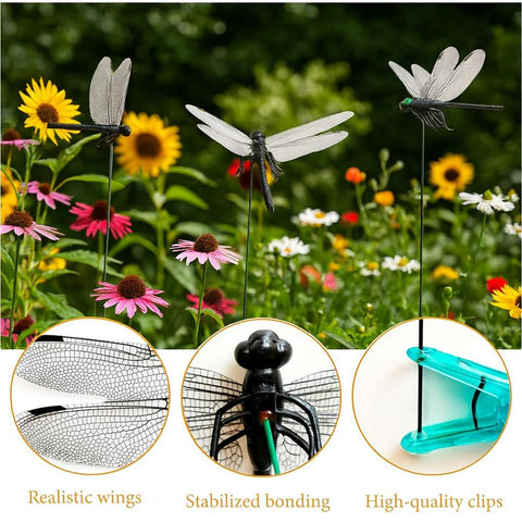 Dragonfly garden stake assembly with reinforced connection for stability.