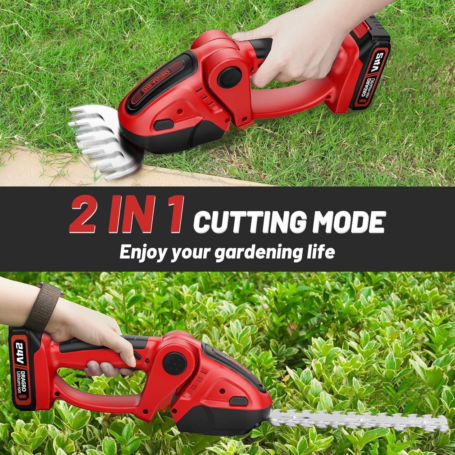 Dragro 2-in-1 hedge trimmer with rotatable head enables versatile pruning in tight spaces.