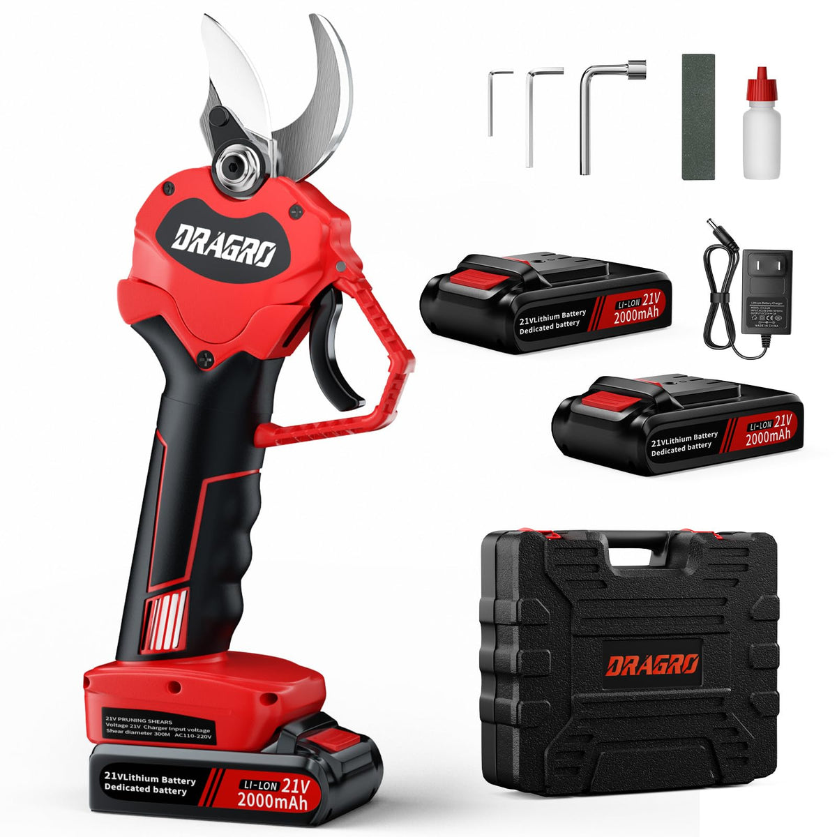 Dragro Upgraded Electric Pruning Shears blade close-up with sharp Swiss SK5 edge for clean cuts.
