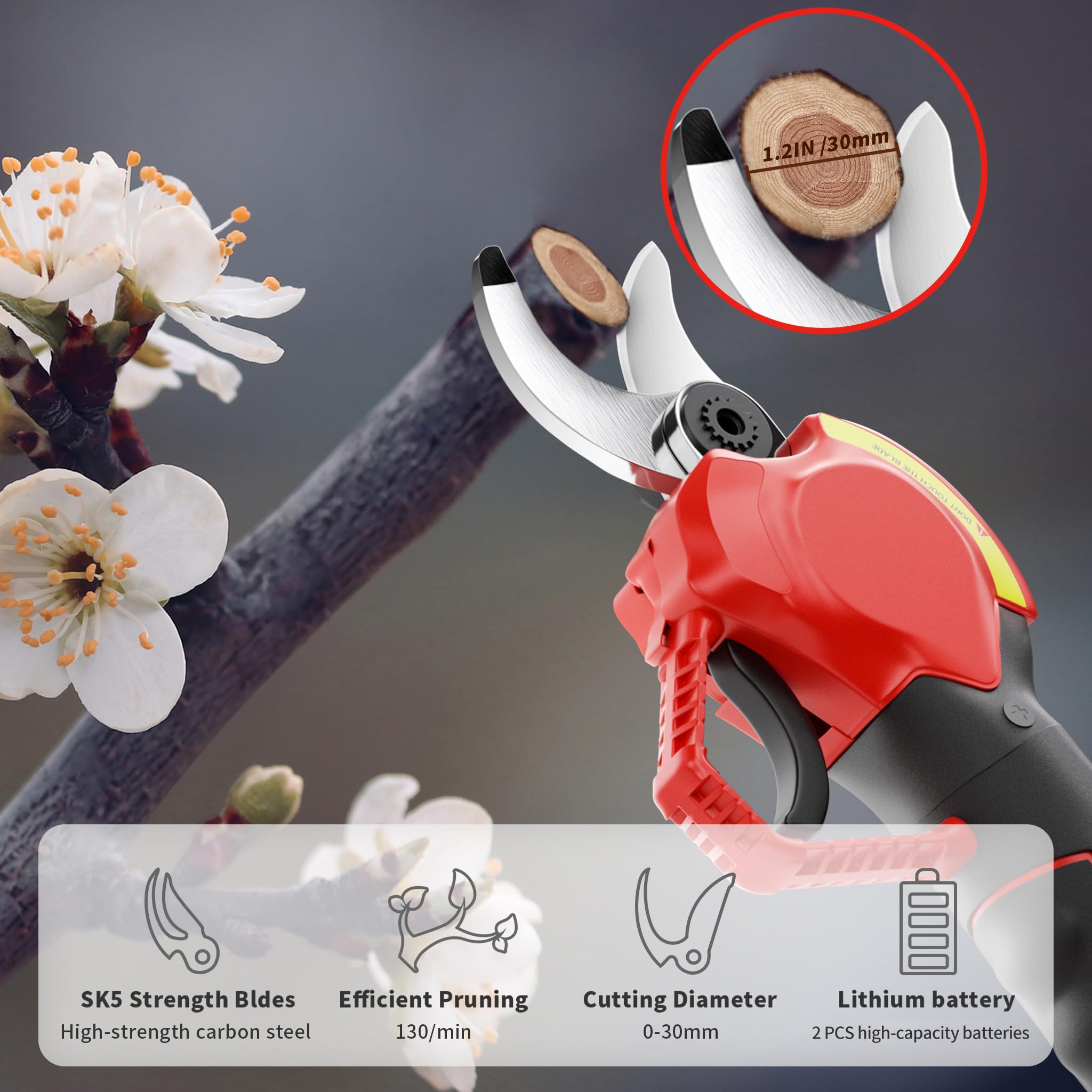 Dragro Upgraded Electric Pruning Shears cutting a branch at 30 mm capacity.