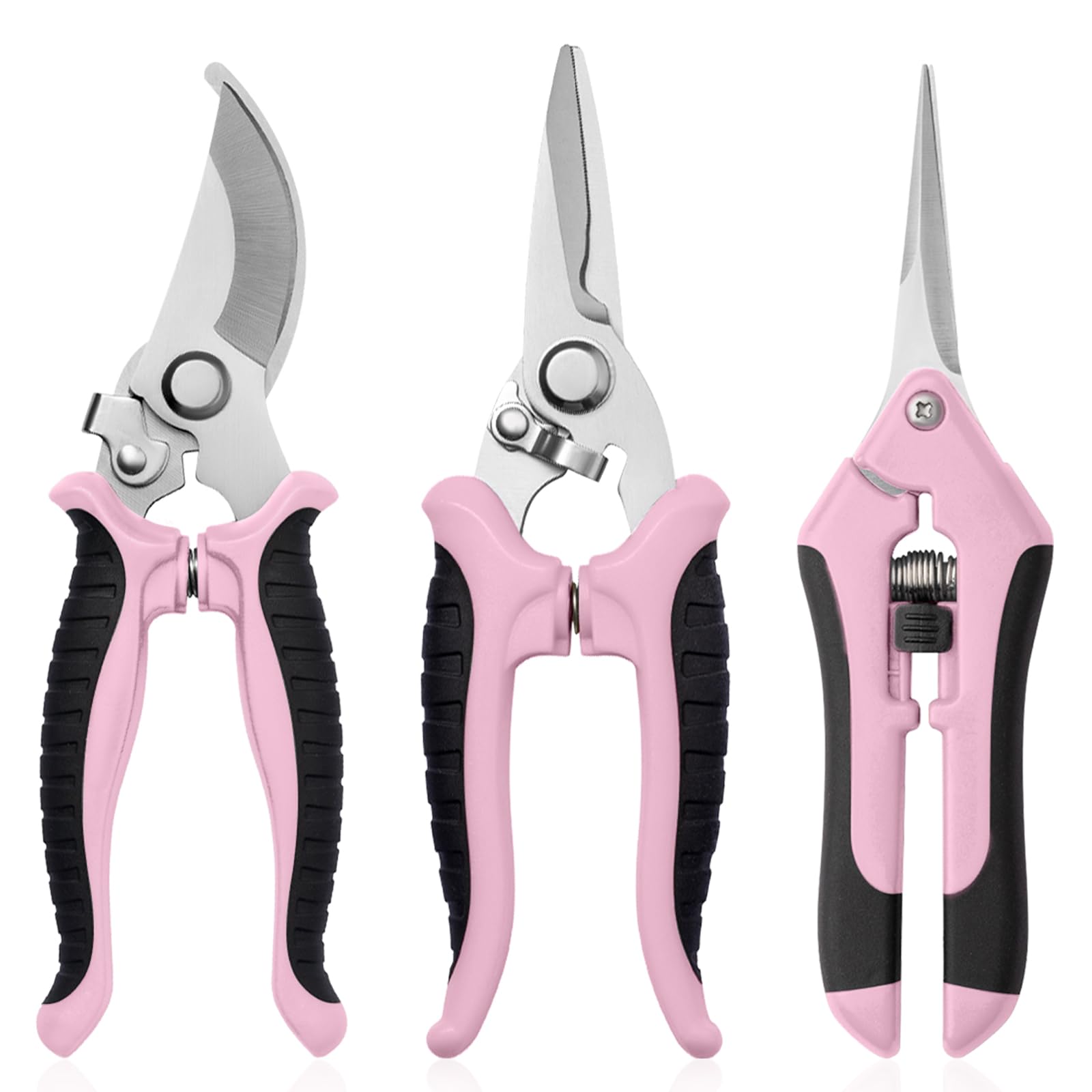 Drametic+ 3-pack pruning shears with ergonomic pink-black handle for comfortable grip.