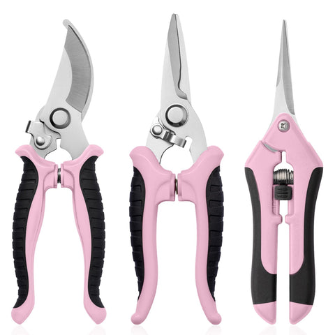 Drametic+ 3-pack pruning shears with ergonomic pink-black handle for comfortable grip.