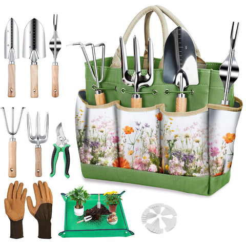 Drametic+ 29-piece garden tools set with floral tote for organized gardening.