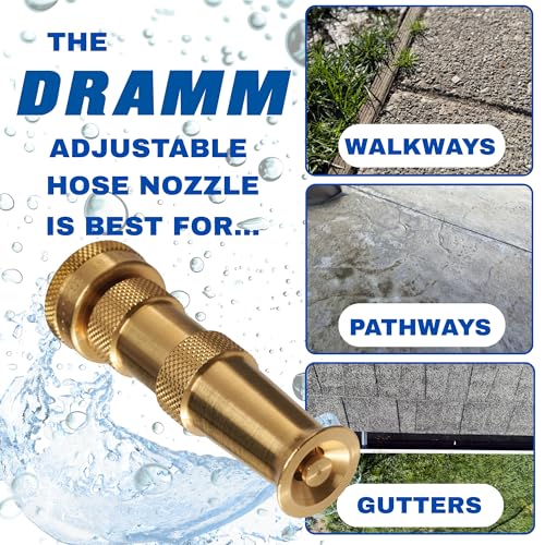 Dramm 12380 brass adjustable nozzle showing cone spray for targeted rinsing.