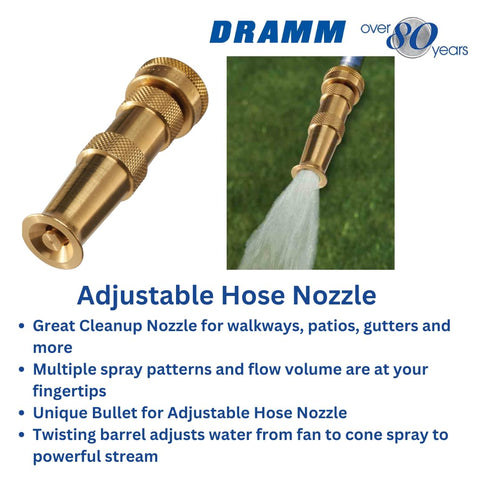 Dramm 12380 brass nozzle delivering a powerful jet stream for tough grime.