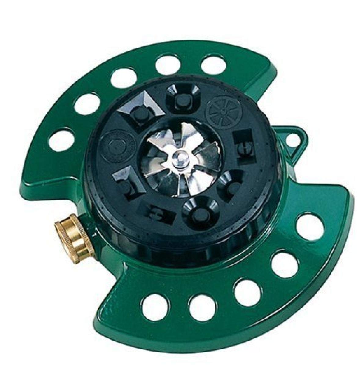 Dramm ColorStorm turret sprinkler with metal base, versatile lawn watering.
