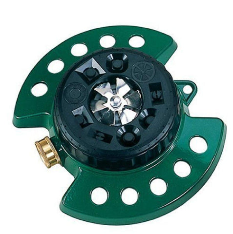 Dramm ColorStorm turret sprinkler with metal base, versatile lawn watering.