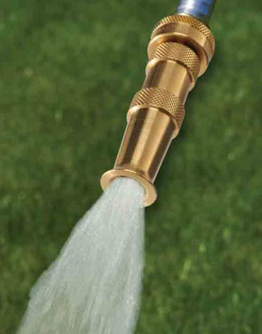 Dramm brass jet nozzle targets gutters for efficient debris removal.