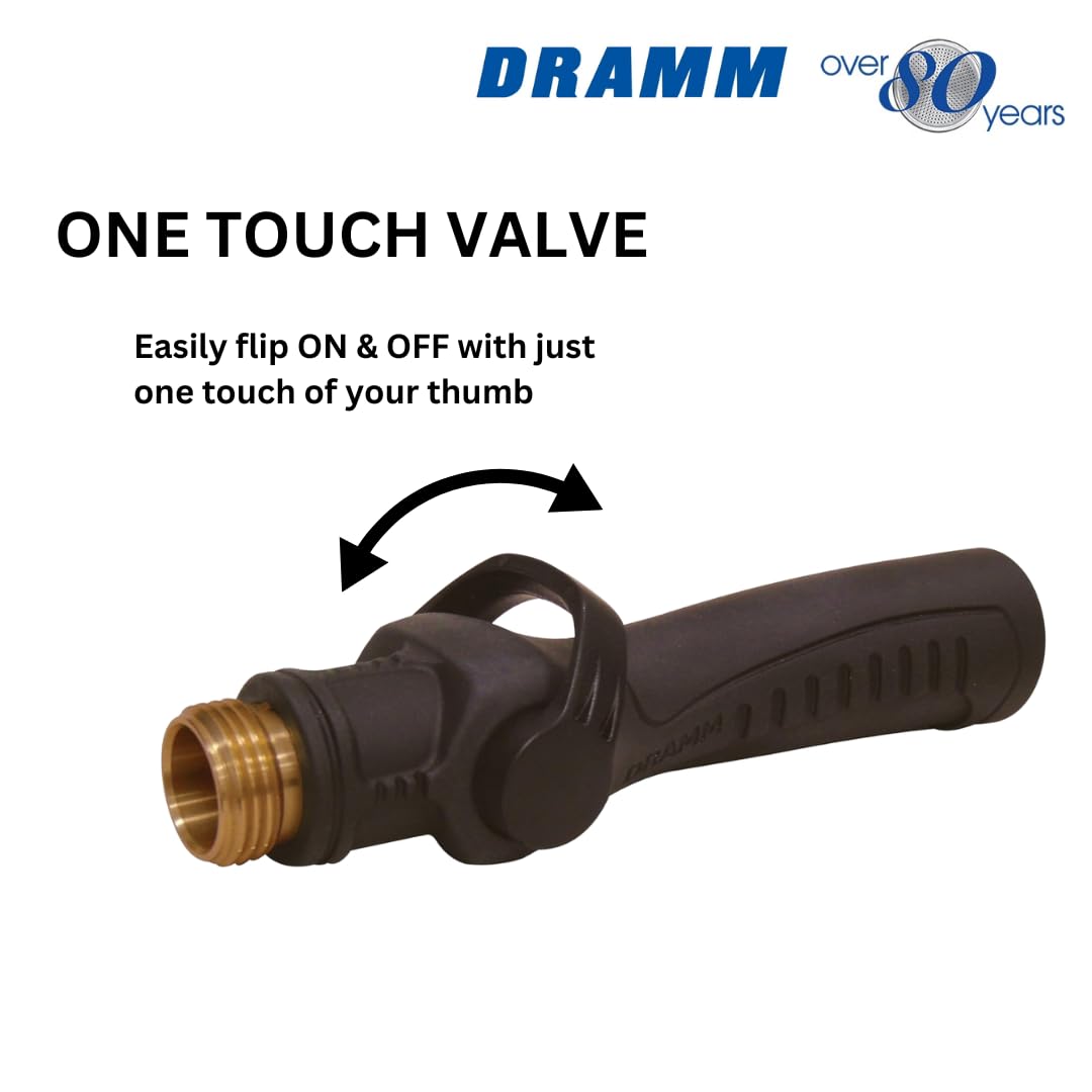 Dramm thumb-control valve enables on/off with a single touch for effortless watering.