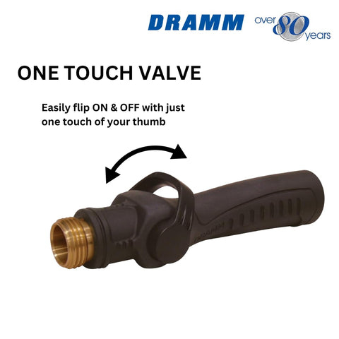 Dramm thumb-control valve enables on/off with a single touch for effortless watering.