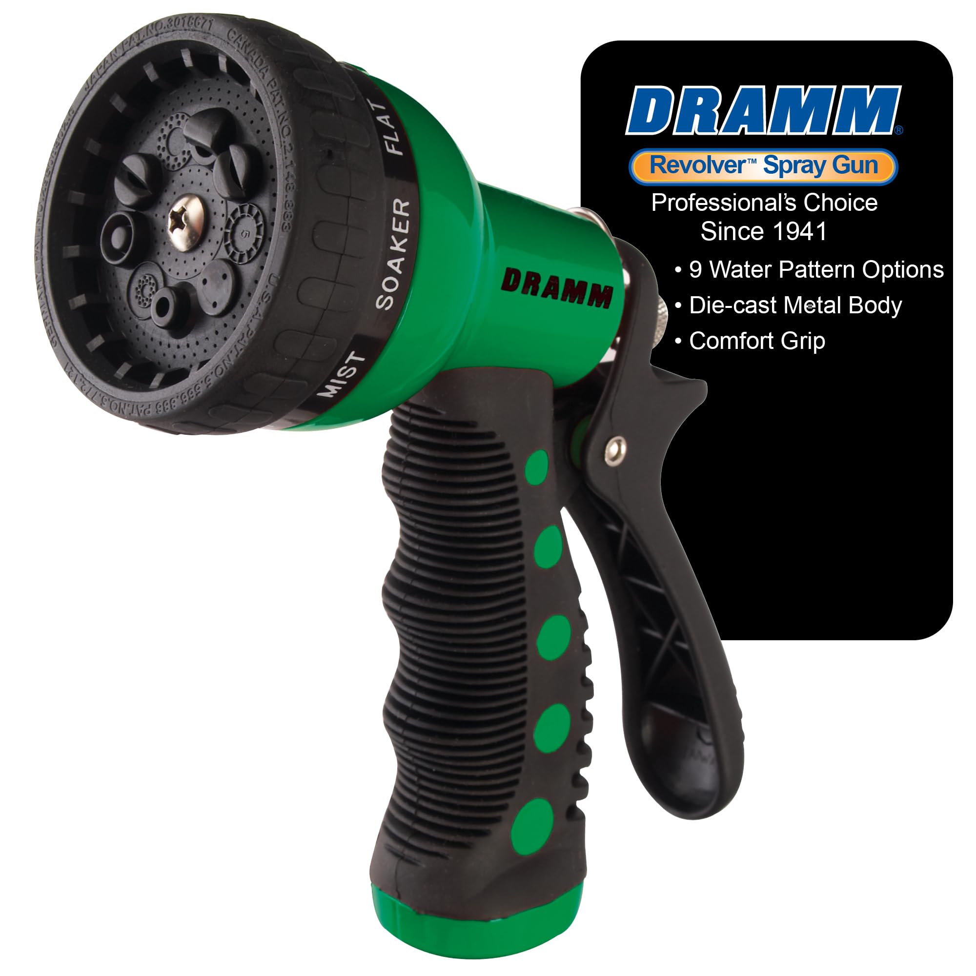 Dramm Revolver nozzle in green for versatile watering and cleaning.