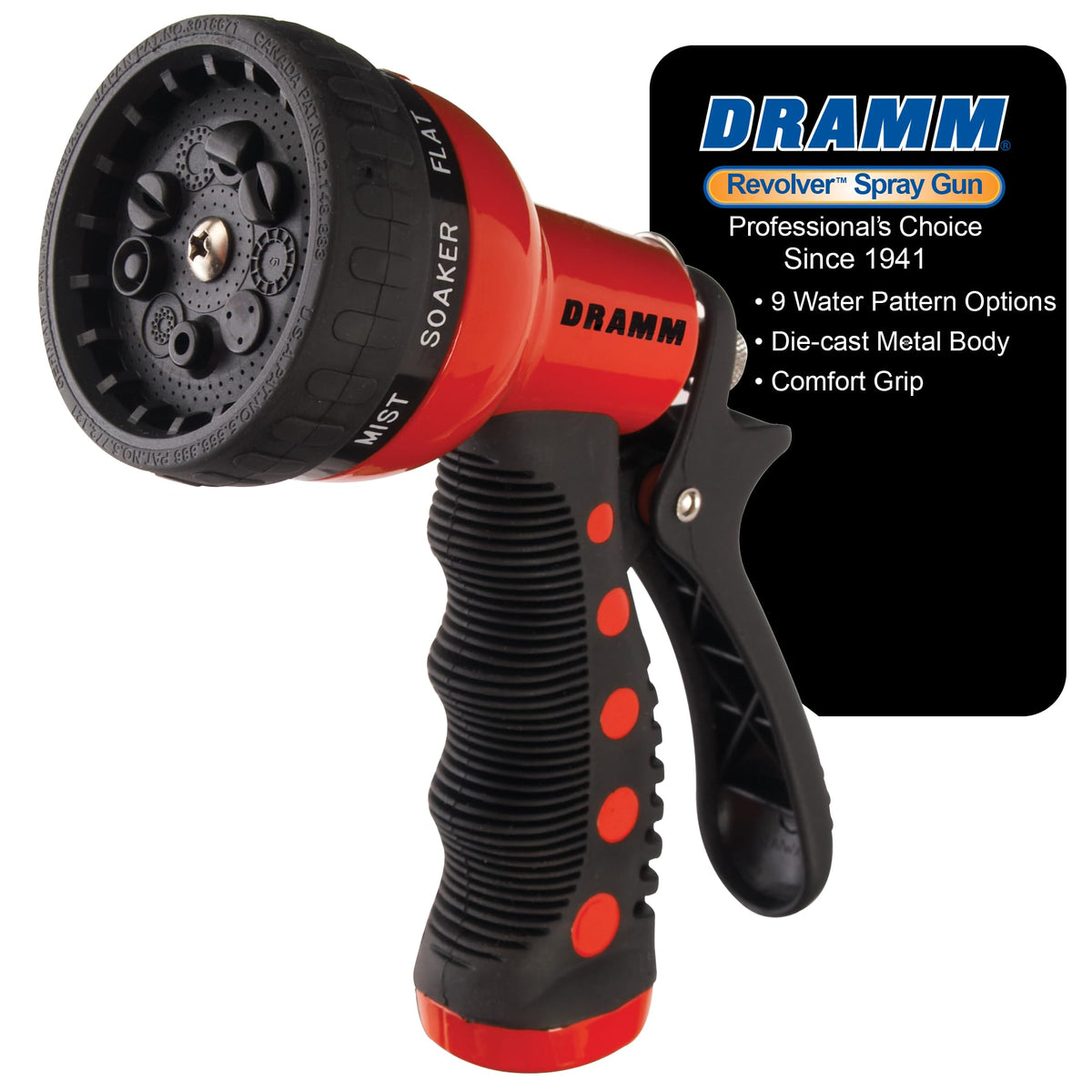 Dramm Revolver 9-patterns dial shows versatile spray options for watering and cleaning tasks.