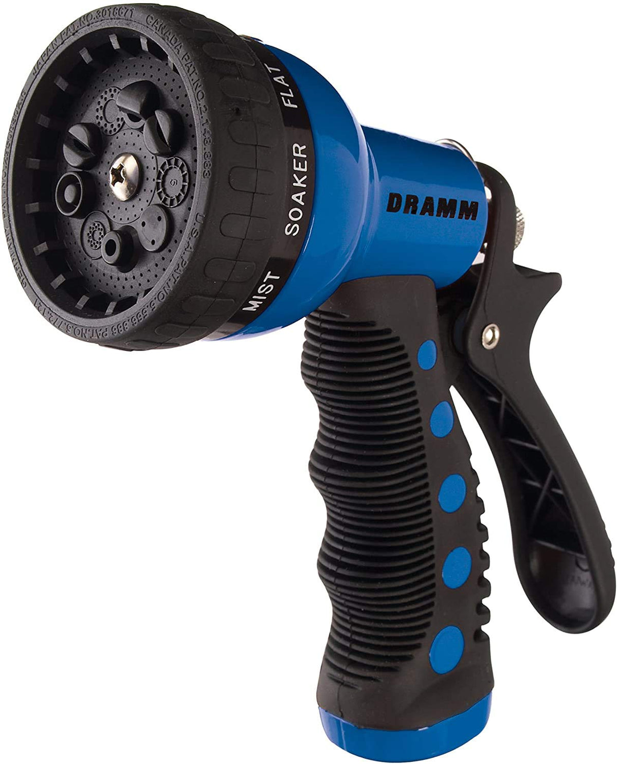 Dramm Revolver blue nozzle with nine spray patterns for versatile watering and cleaning tasks.
