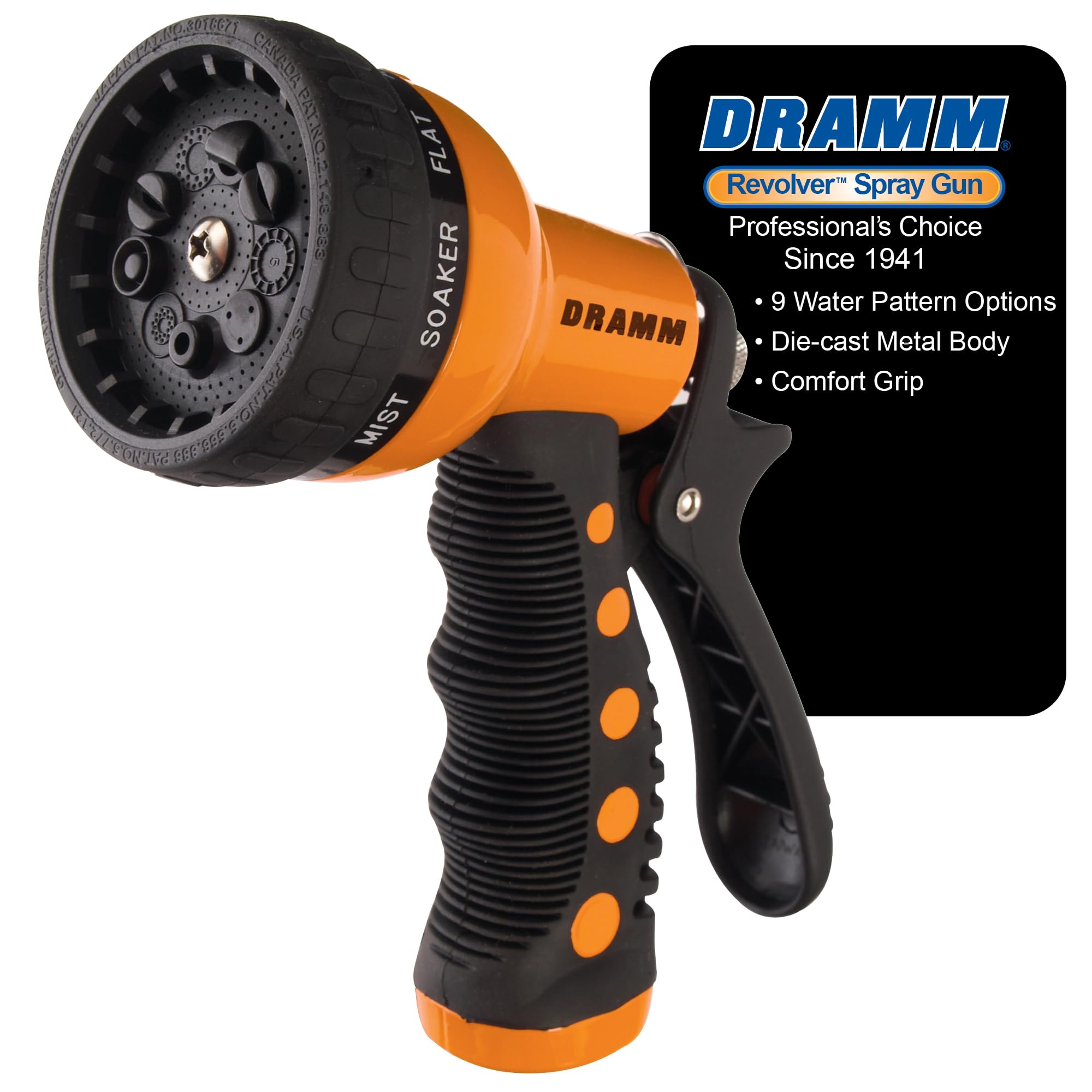 Dramm Revolver heavy-duty metal nozzle with nine patterns for versatile watering.