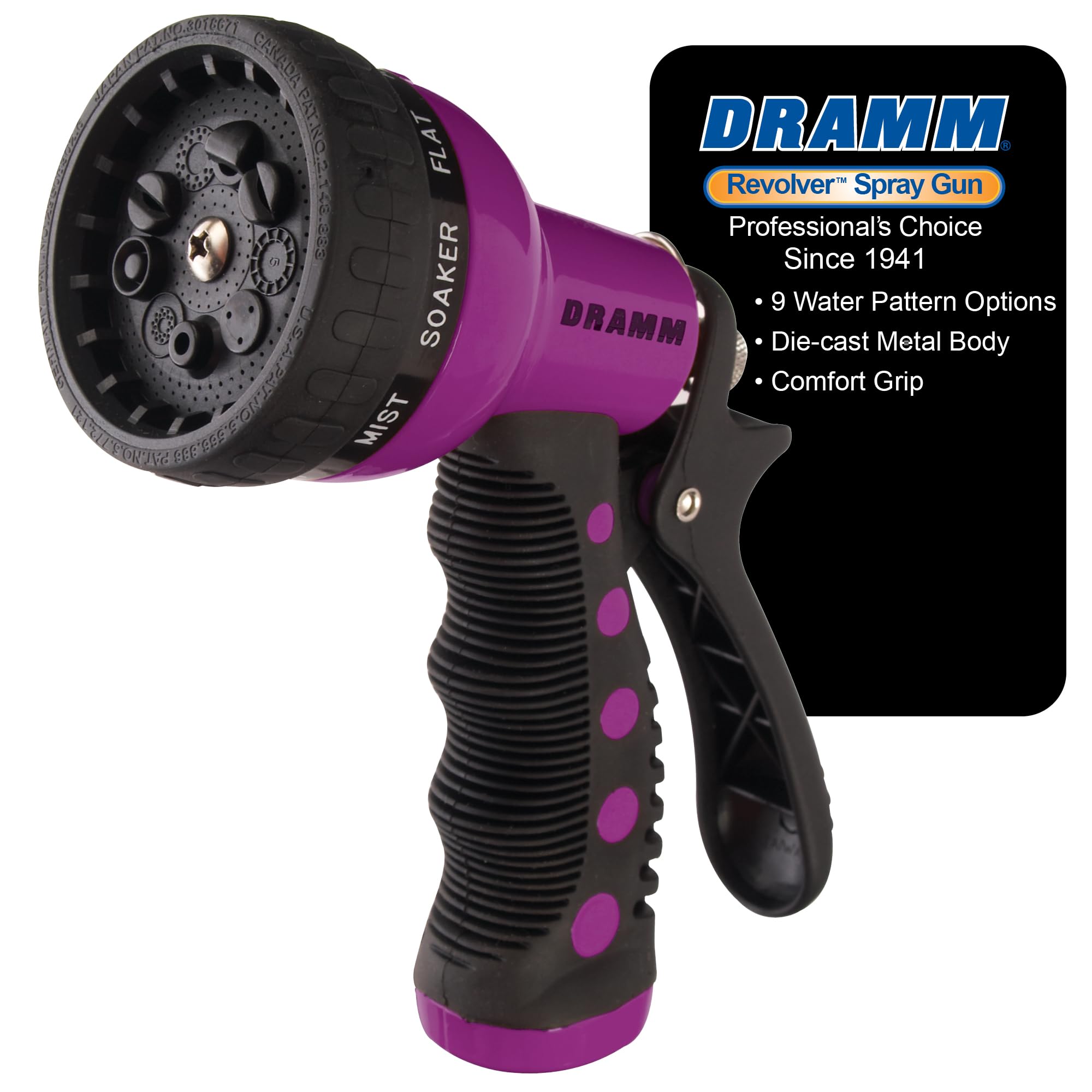 Dramm Revolver nozzle showing 9-pattern dial for versatile watering.