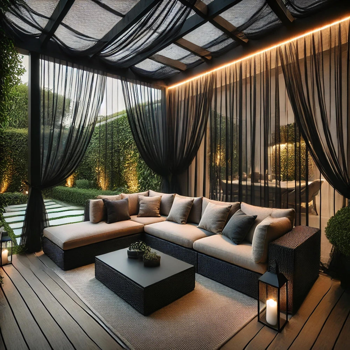 Draphelle extra-wide outdoor curtains with waterproof mesh for patio privacy and insect protection.