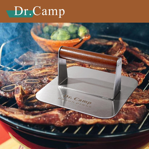 Dr.Camp burger press with flat base for even cooking and browning.