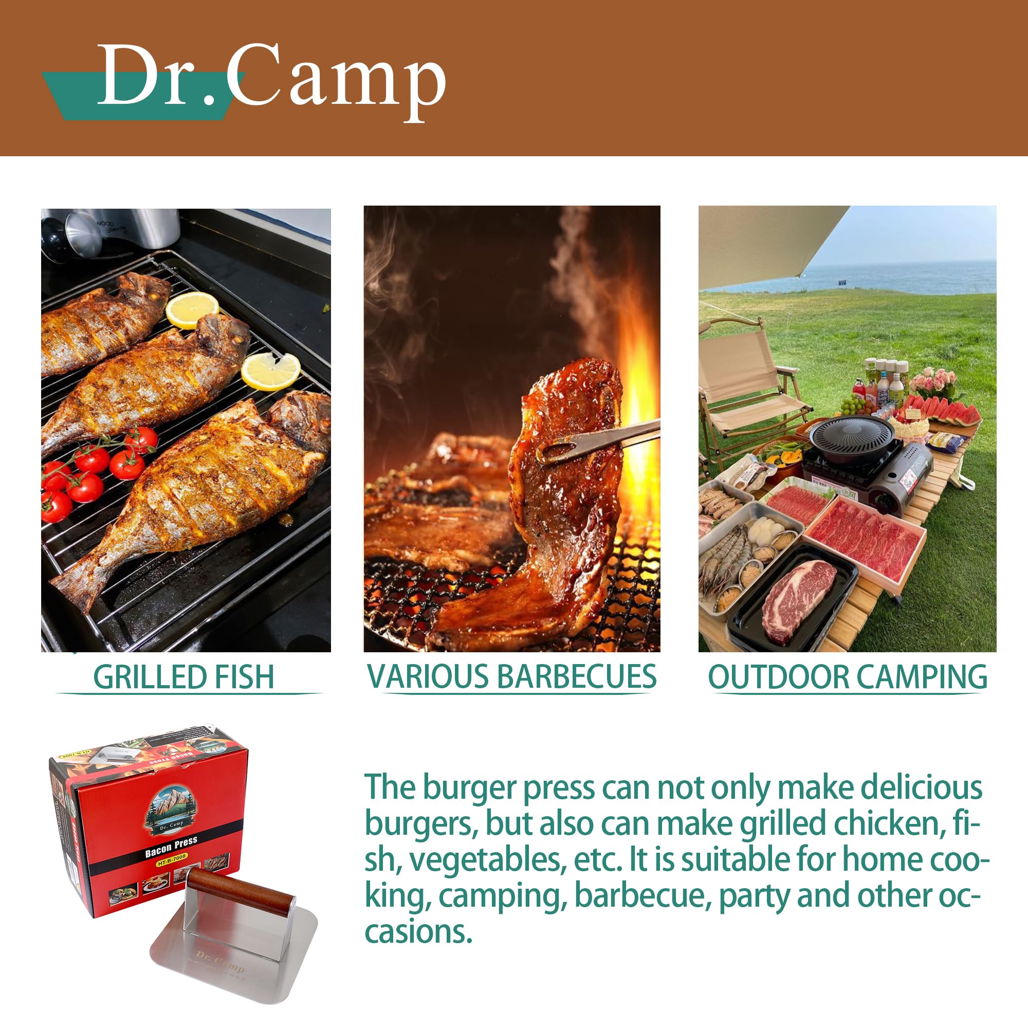 Dr.Camp durable burger press rust-resistant for long-lasting home grilling.
