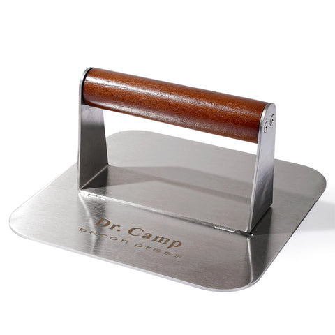 Dr.Camp seven-inch stainless steel smash burger press for uniform patties and sear.
