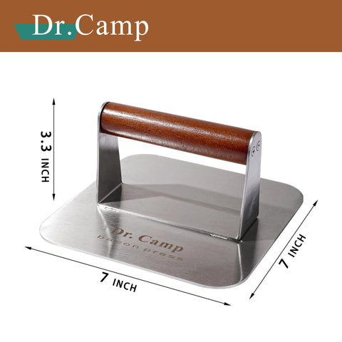 Dr.Camp wooden-handle smash burger press provides a cool, comfortable grip.