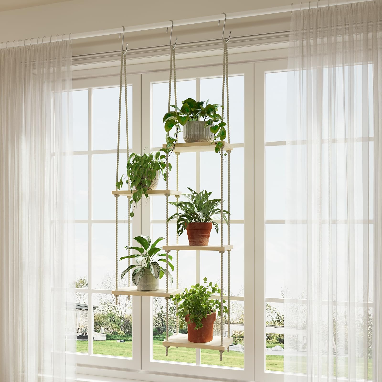 Drconox 5-Tier Window Plant Shelves showcase a sunlit display for thriving greenery.