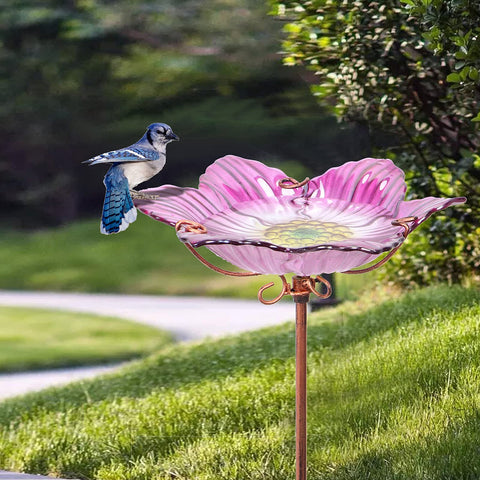 Dream Garden glass bowl bird bath withstands rain and weather for year-round display.