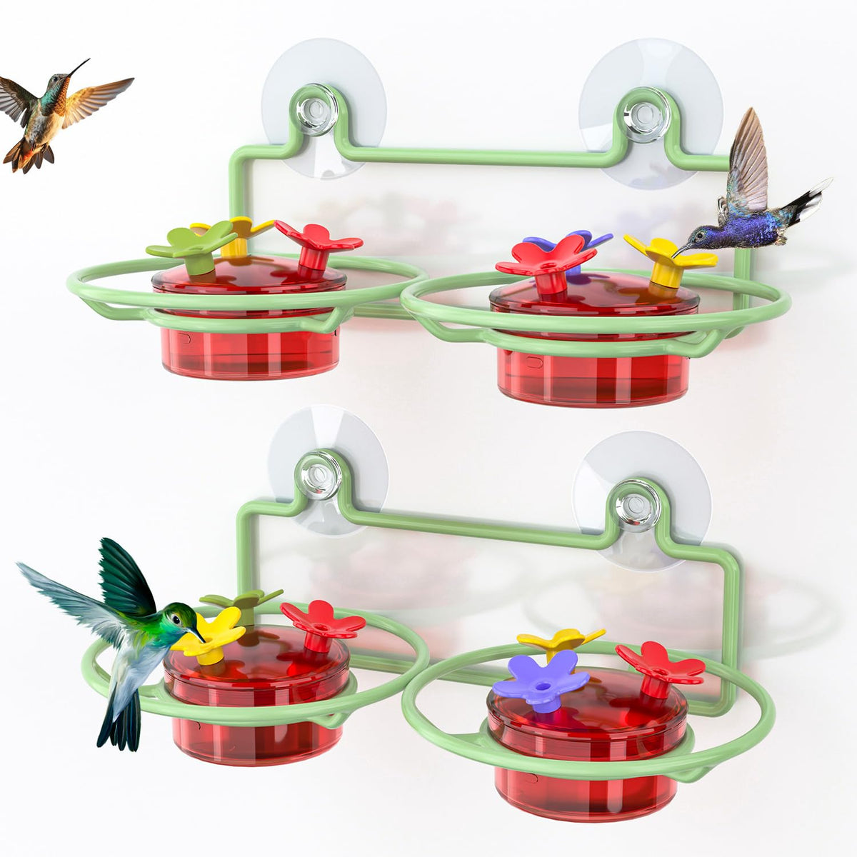 Dreamdrawer window hummingbird feeder with green base and strong suction for secure glass mounting.