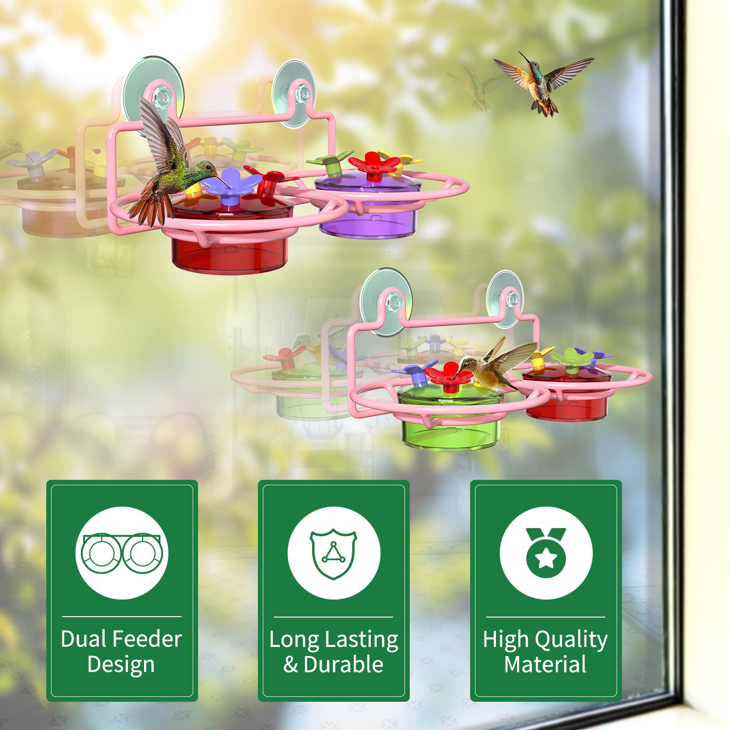 Dreamdrawer feeder with six ports attracts hummingbirds while minimizing bee contact.