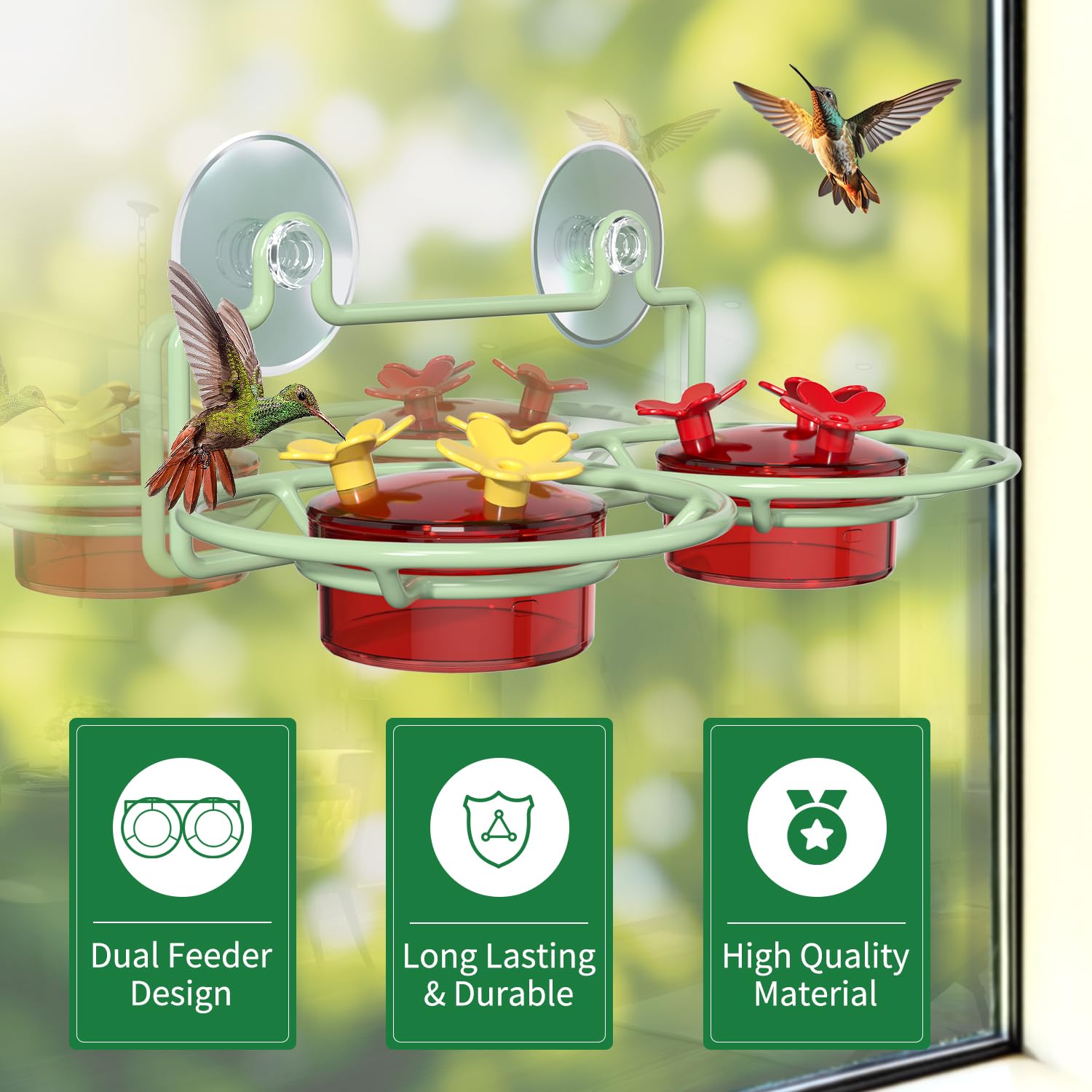 Strong suction cups hold the Dreamdrawer feeder firmly to the window.