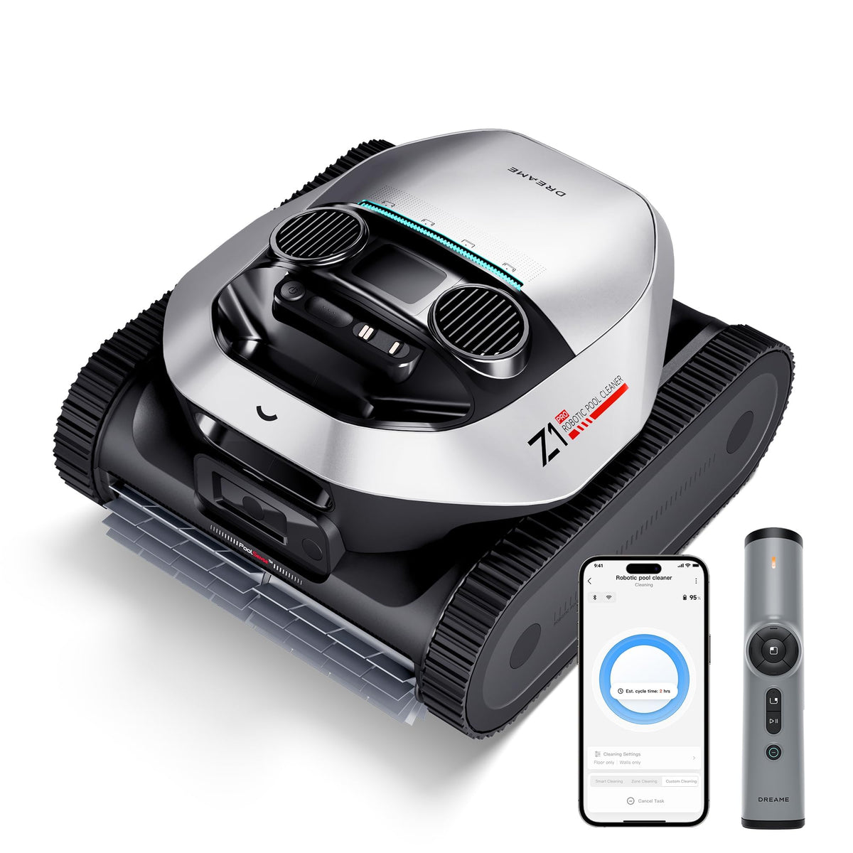 DREAME Z1 Pro front view highlighting powerful suction for quick pool cleaning