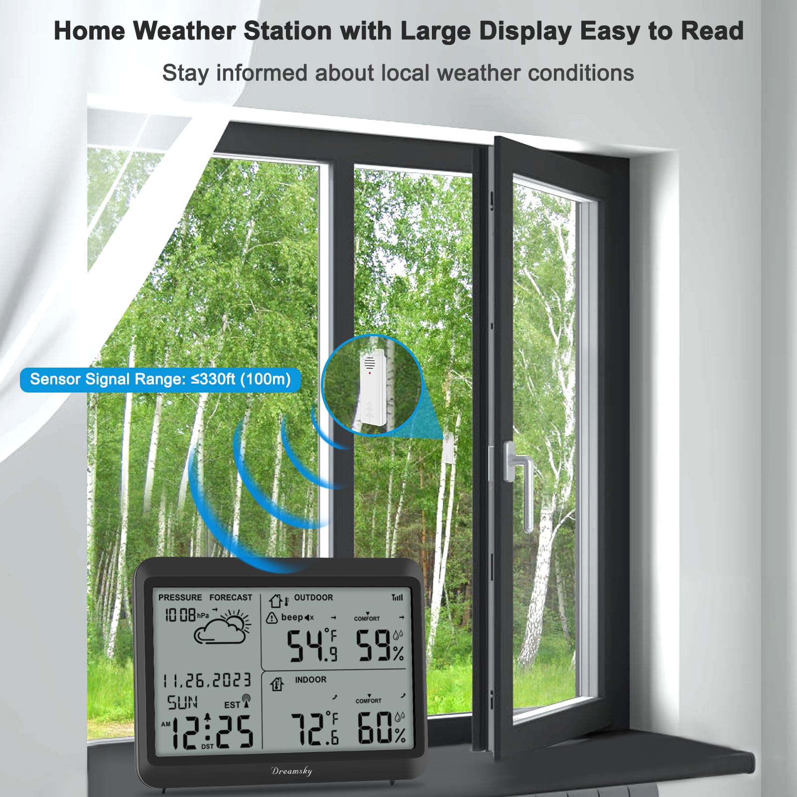 DreamSky indoor-outdoor temp humidity readouts for easy comfort planning