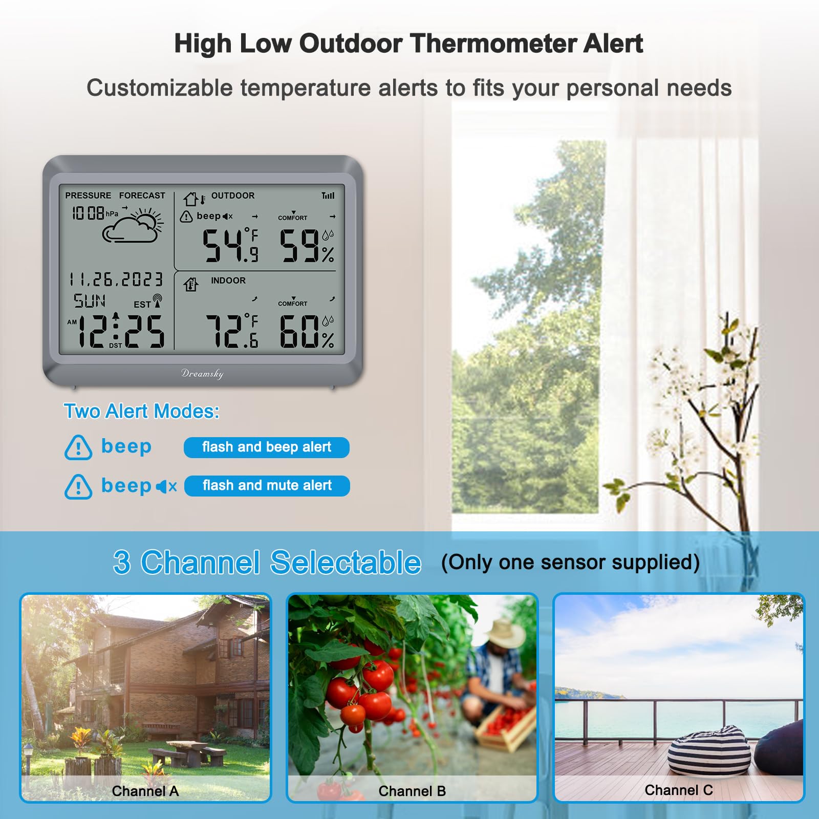 DreamSky indoor-outdoor temp and humidity display for monitoring conditions at home