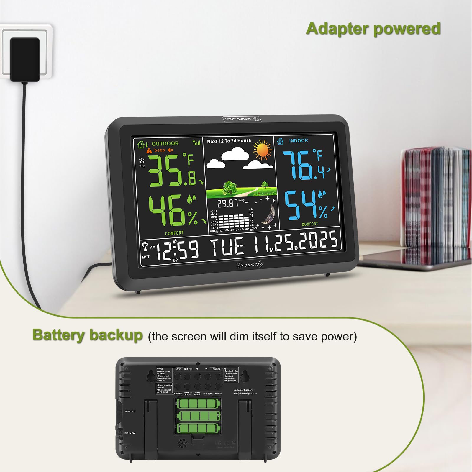 DreamSky backlit display with dimmer for comfortable nighttime viewing.