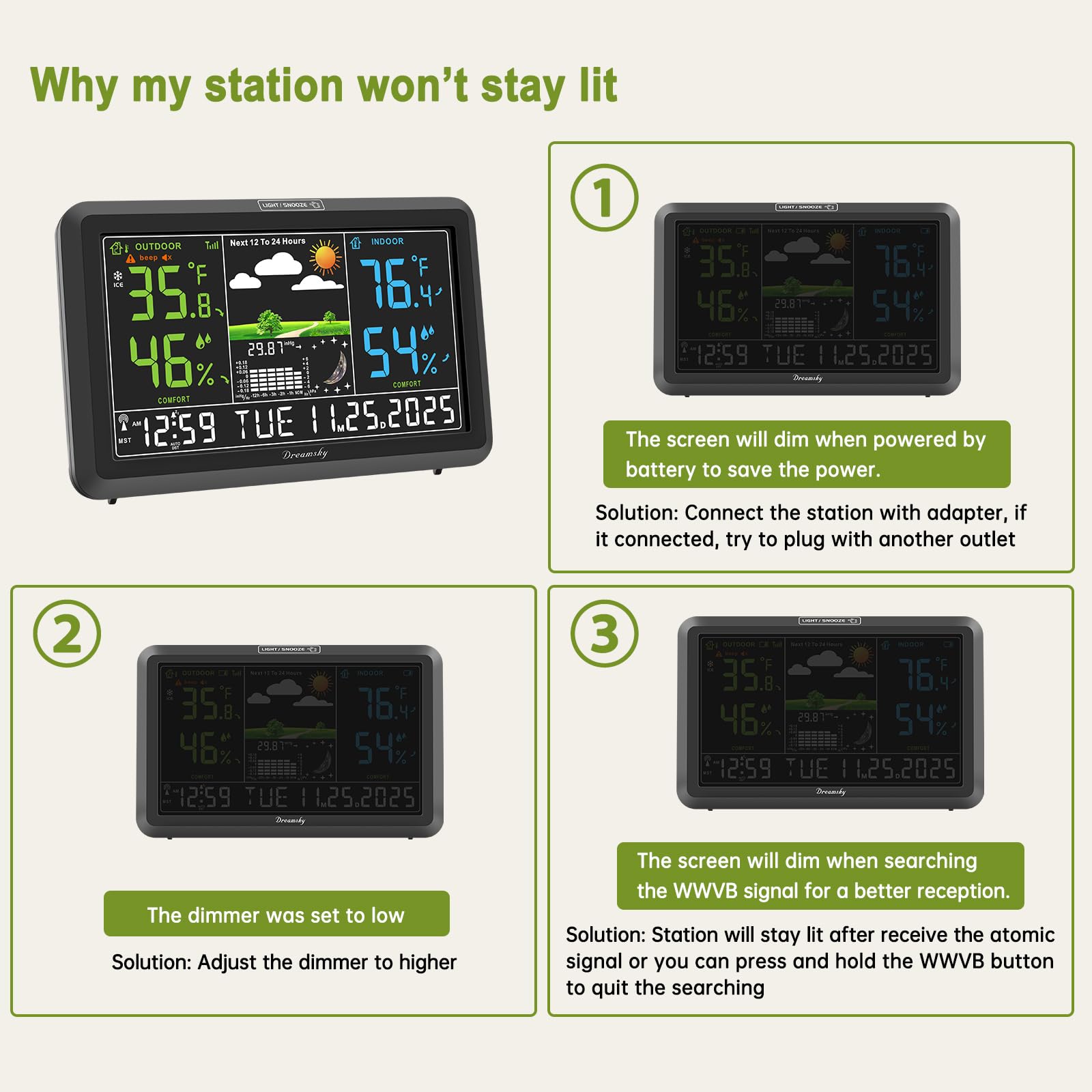 DreamSky weather station with compact dimensions ideal for desk or shelf placement.