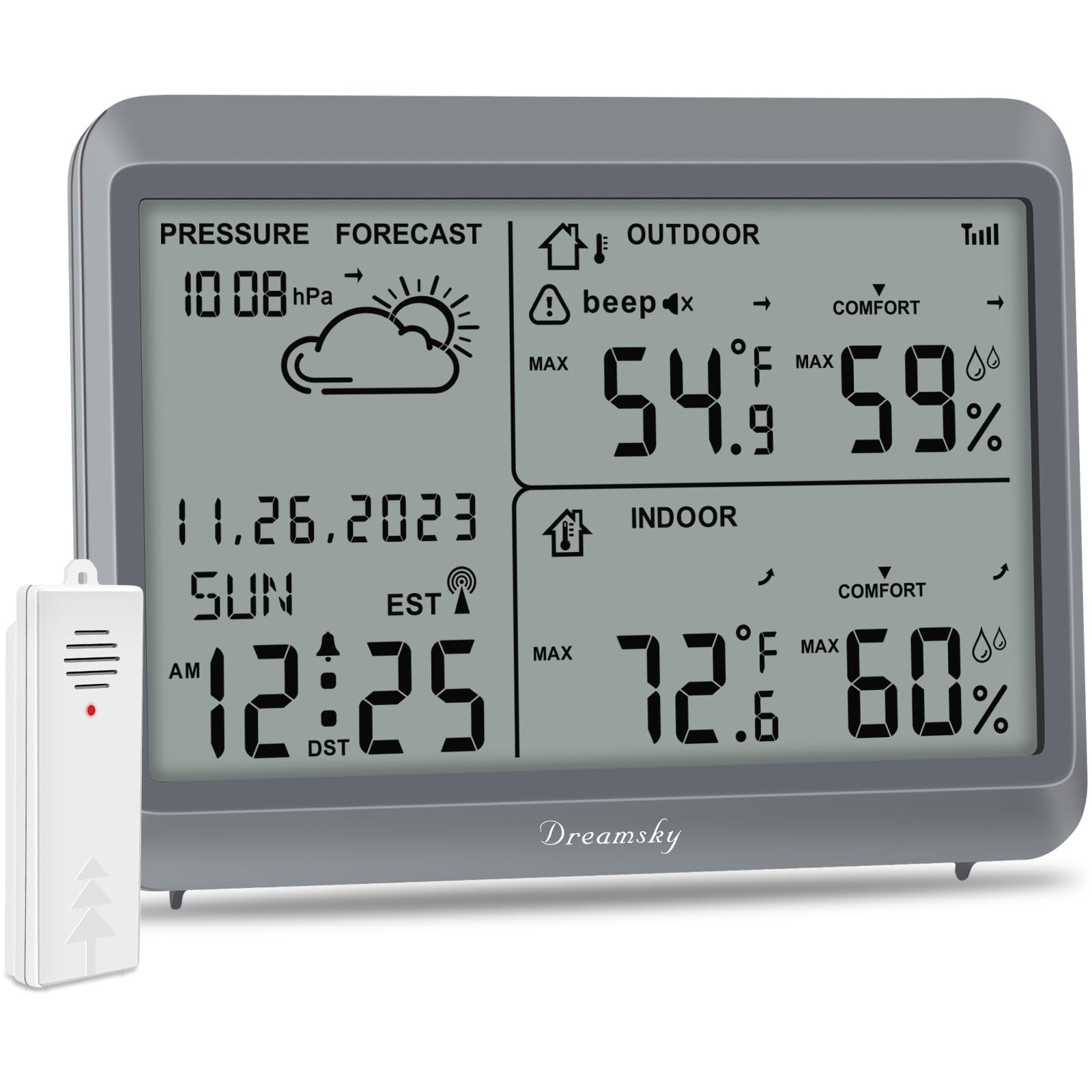DreamSky weather station display showing inside/outside temperature for quick planning
