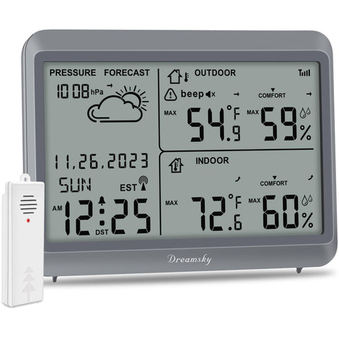 DreamSky weather station display showing inside/outside temperature for quick planning