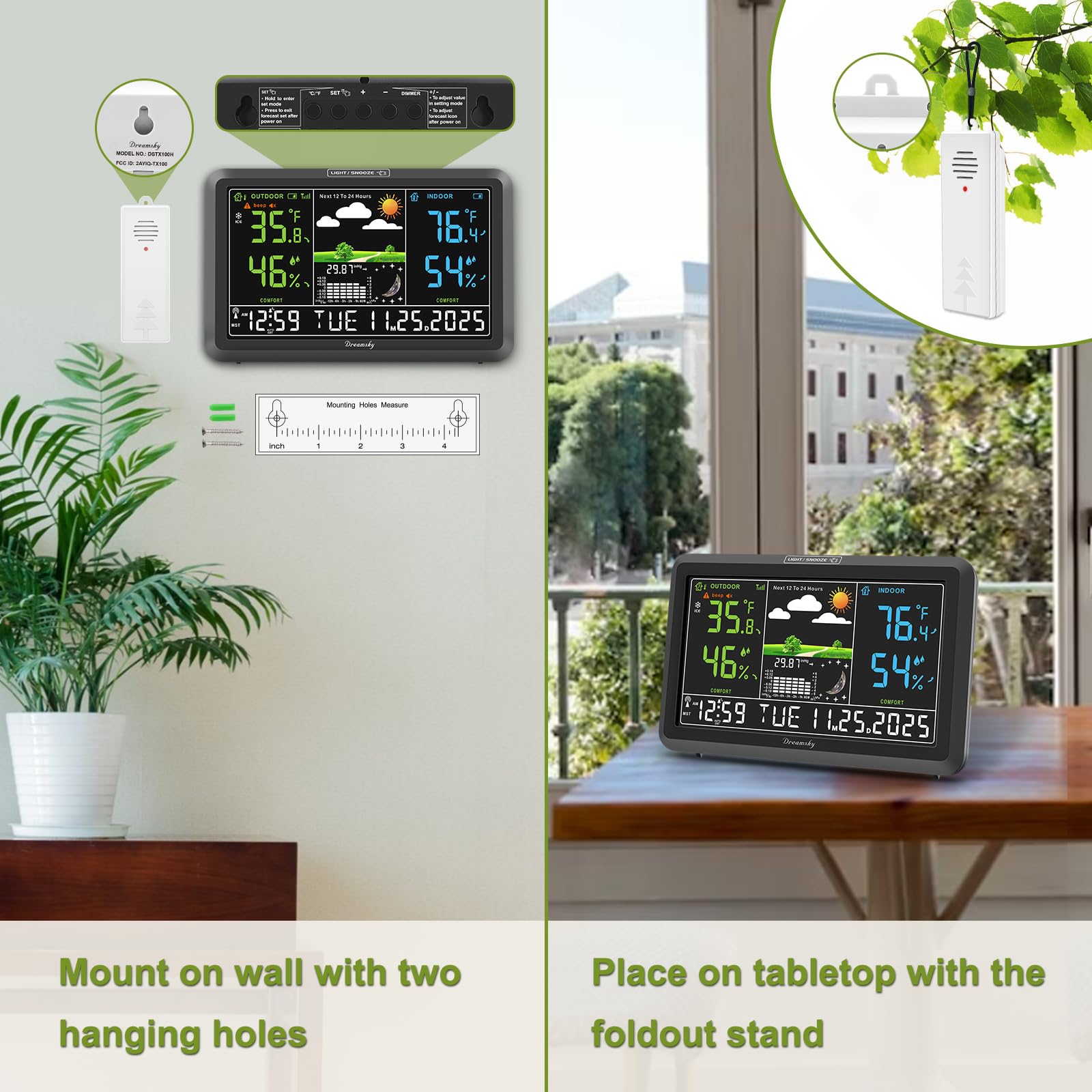 DreamSky indoor outdoor temperature and humidity readouts for home monitoring.