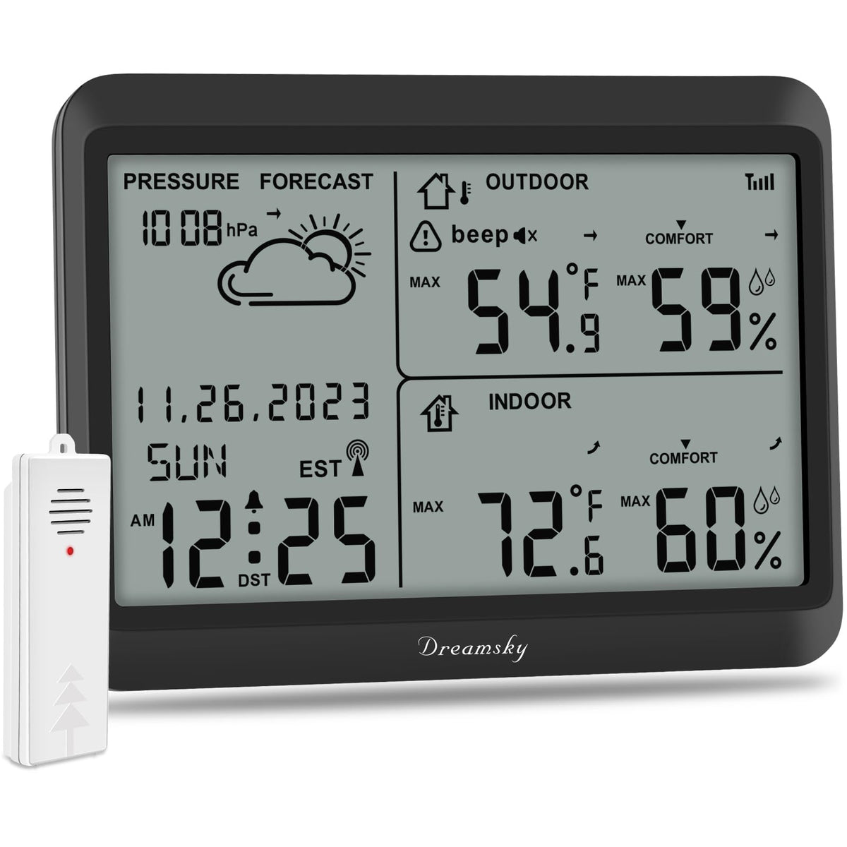 DreamSky weather station large display shows indoor and outdoor temps at a glance for quick planning