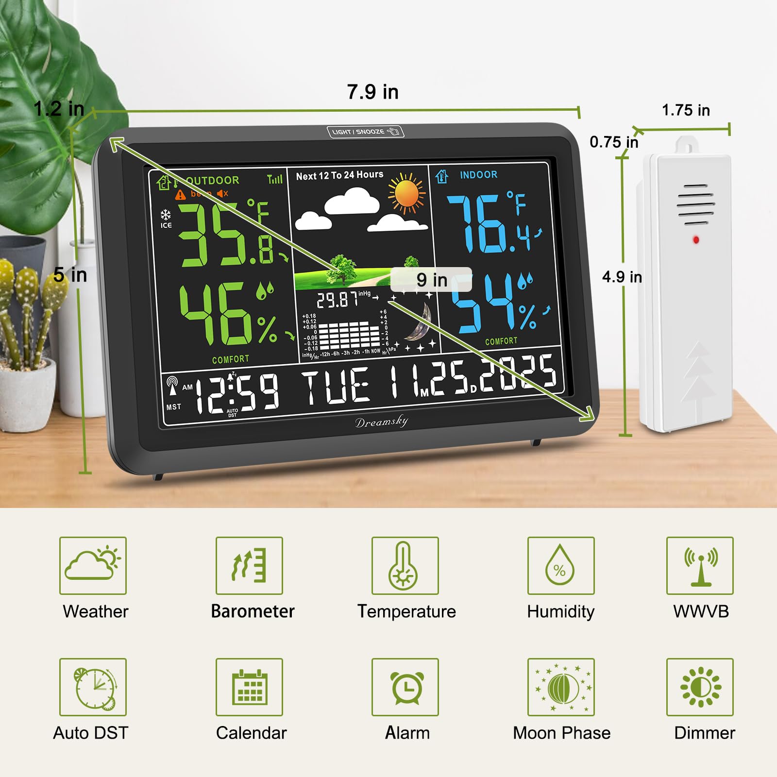DreamSky plug-in weather station with battery backup keeps time during outages.