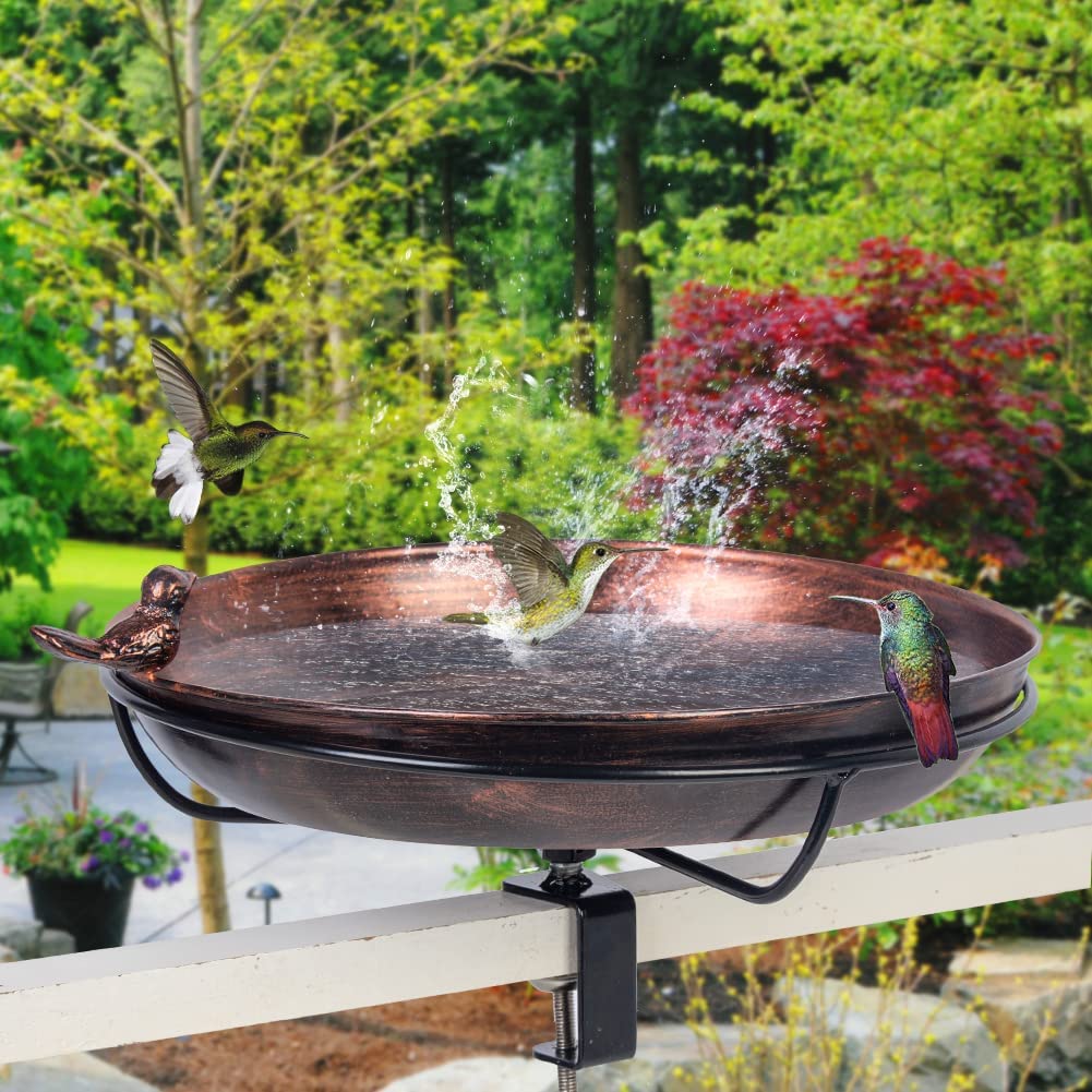 DREAMSOUL deck-mounted bird bath with adjustable clamp inviting birds to bathe