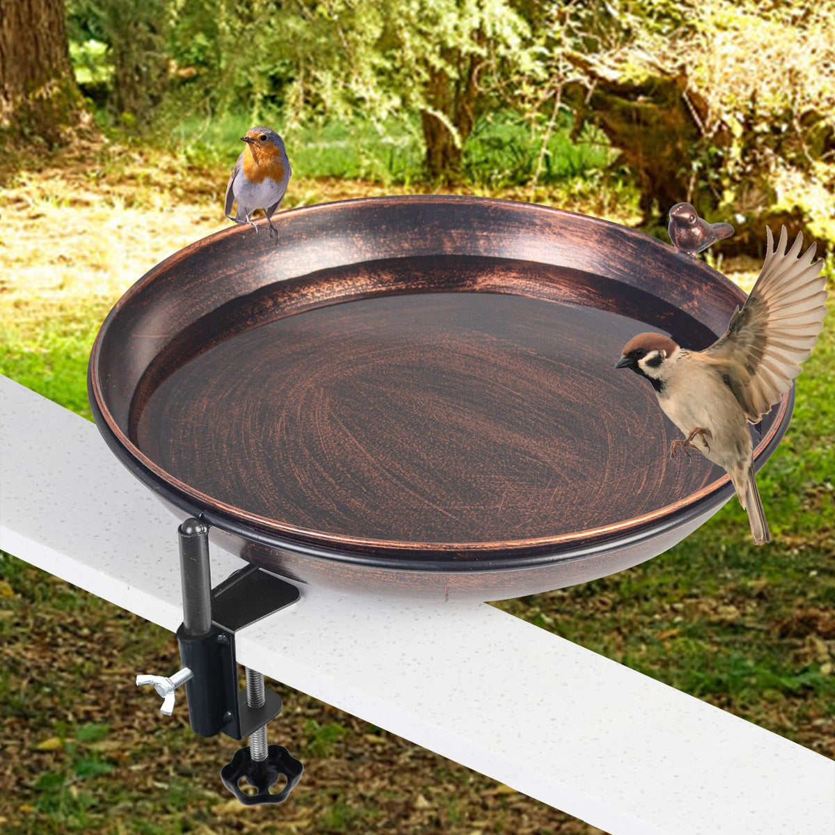 DREAMSOUL deck-mounted bird bath bowl provides a safe water source for visiting birds