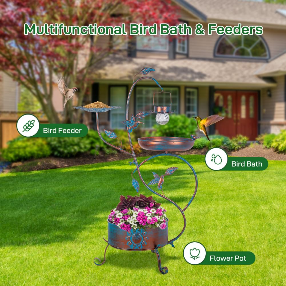 Dreamysoul bird bath with solar lights provides gentle evening illumination for birds.