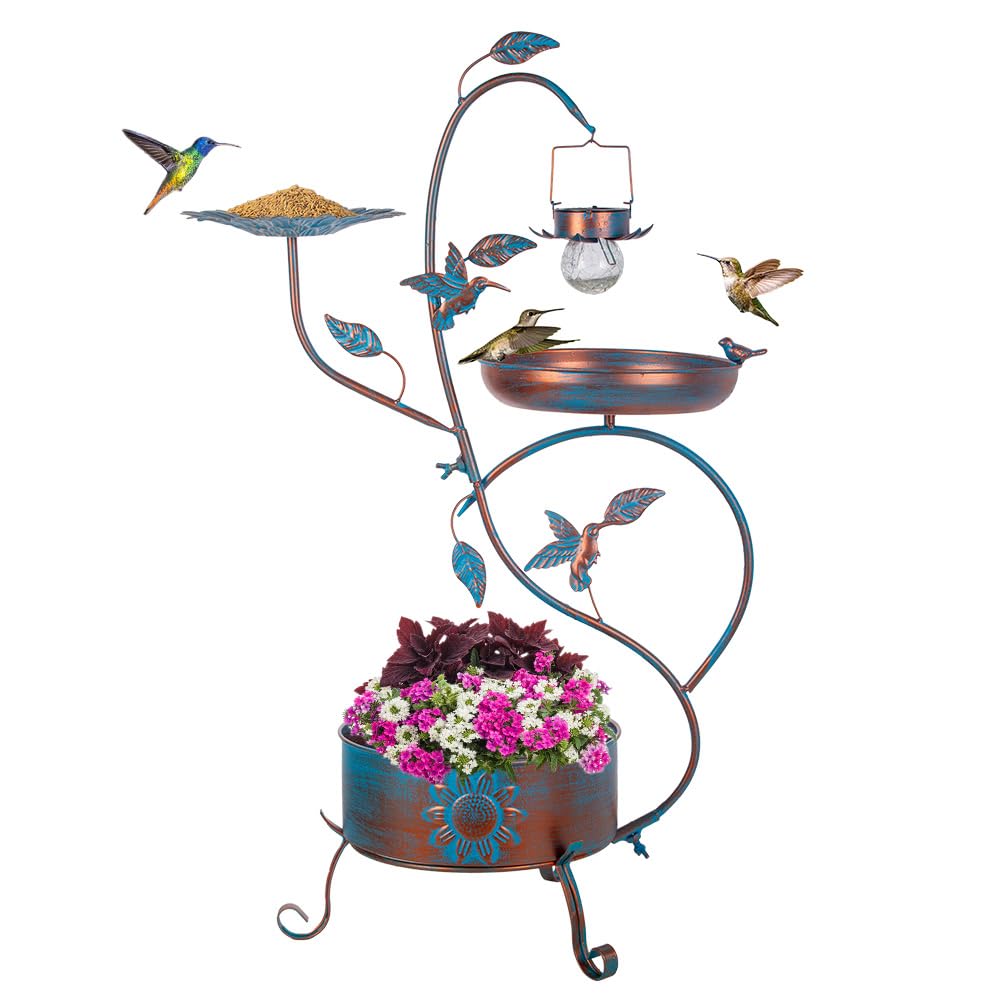 Dreamysoul metal bird bath outside with planter and feeder attracts birds and colors your garden.