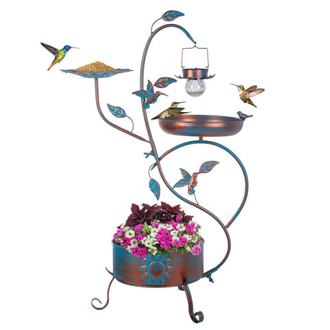 Dreamysoul metal bird bath outside with planter and feeder attracts birds and colors your garden.