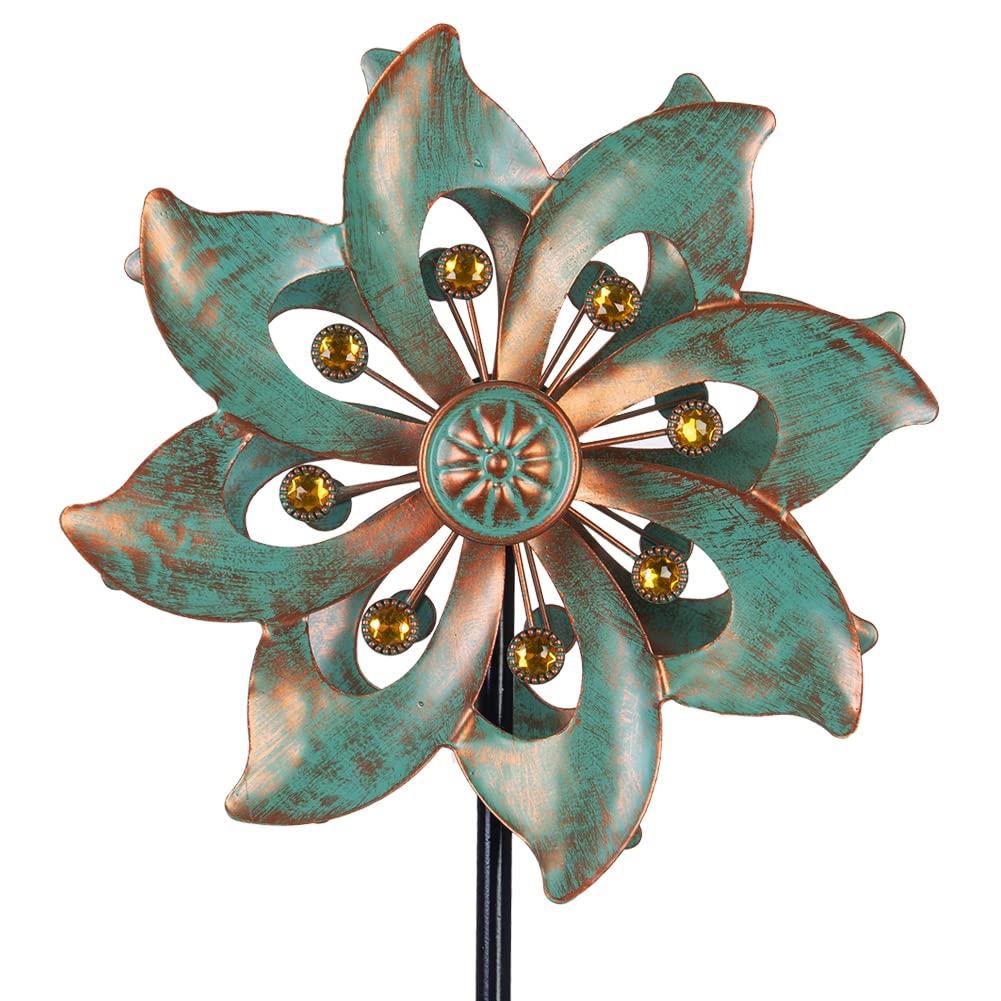 Dreamysoul bronze-green blades wind spinner adds kinetic color to the garden
