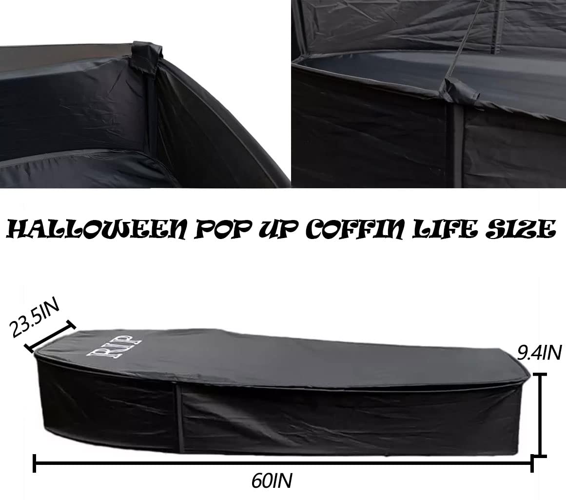 DredQcco coffin prop front view shows life-size profile and bold black fabric.