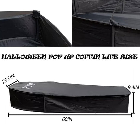 DredQcco coffin prop front view shows life-size profile and bold black fabric.
