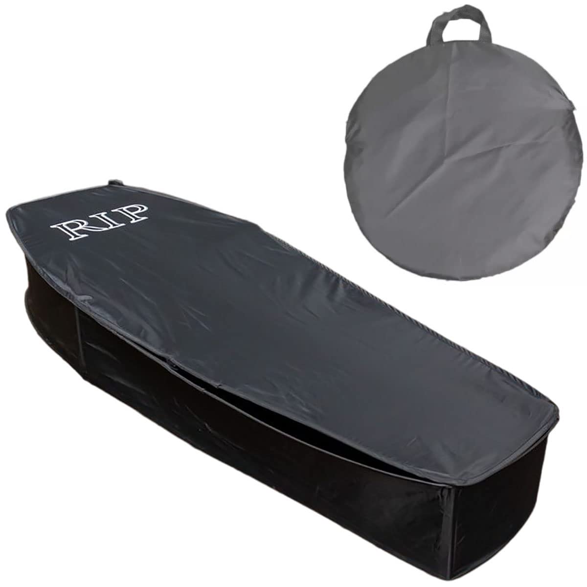 DredQcco Halloween pop-up coffin with lid for dramatic outdoor display.