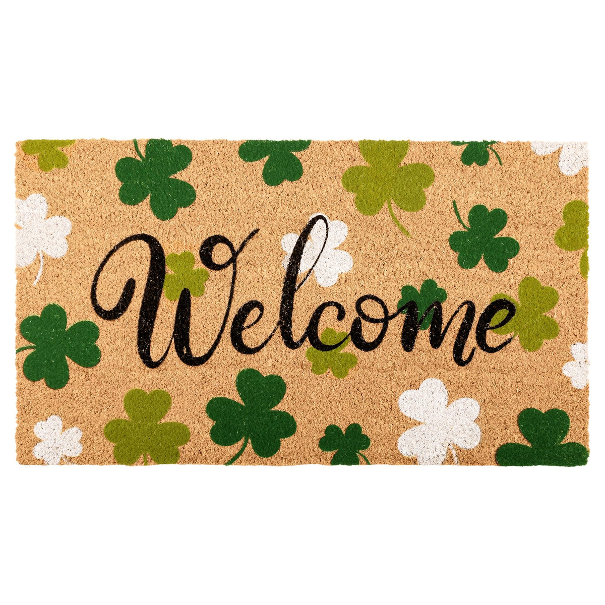 Dreelcny St Patrick's Day coir doormat with shamrock pattern greets guests at the front door