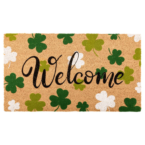 Dreelcny St Patrick's Day coir doormat with shamrock pattern greets guests at the front door